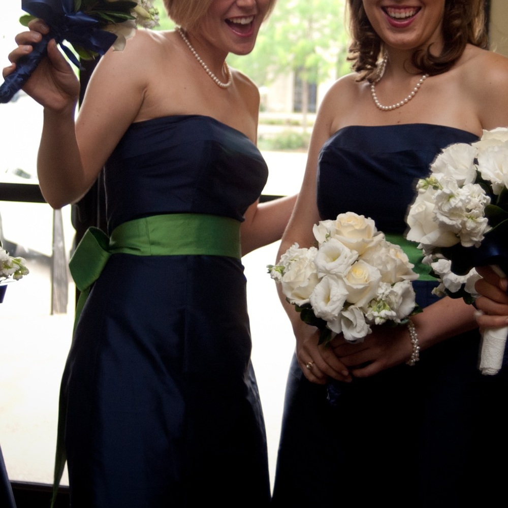 Navy blue raw silk strapless dress with green sash